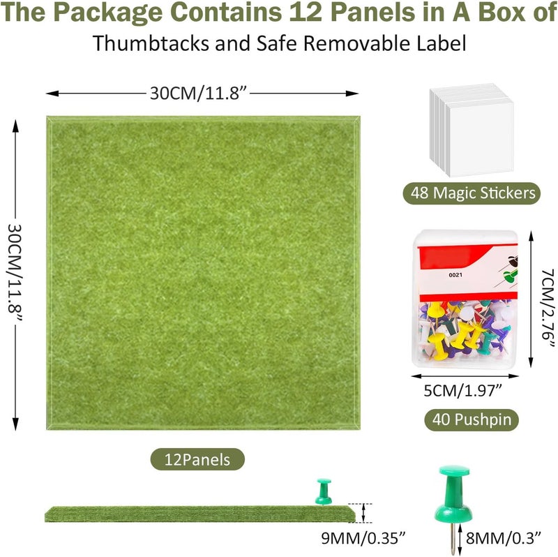ZHIDIAN Felt Wall Tiles Bulletin Board with Removable Adhesive, 47"x35" Green Cork Board Alternative with 40 Push Pins, 12 Pack Large Office Cork Tile Push Board Felt Squares for Walls - Image 2